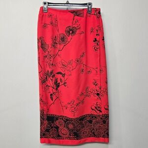 Vintage 90s Women Maxi Skirt Size 14 Red Floral Faux Wrap Boho Goth Dar Romantic